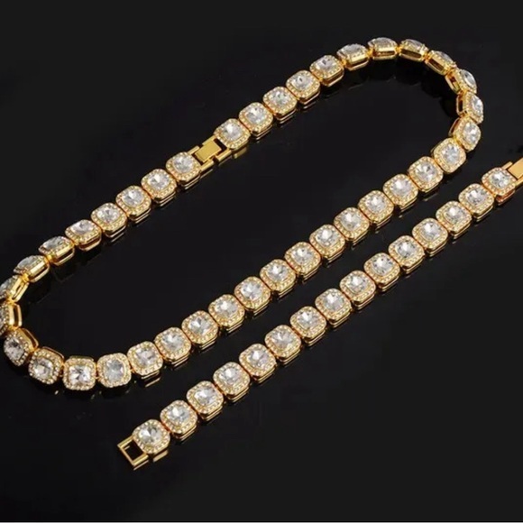 Iced Big Cubic Zirconia 8.5" Bracelet 18" 20" 24" Chain Gold Plate Icy Necklace - Picture 3 of 5